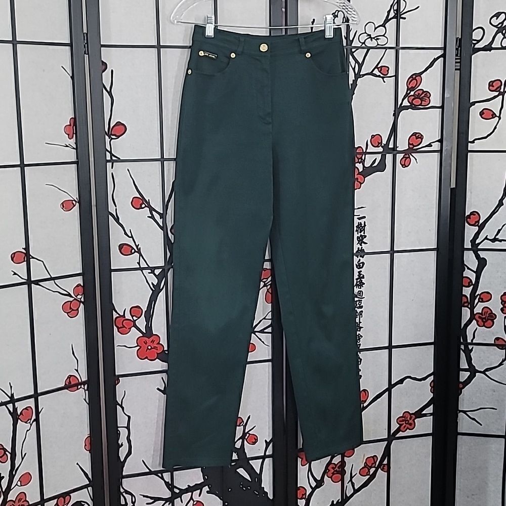 St John Sport  Green Velvet Twill Jean Pants Gold Logo Womens Size 2